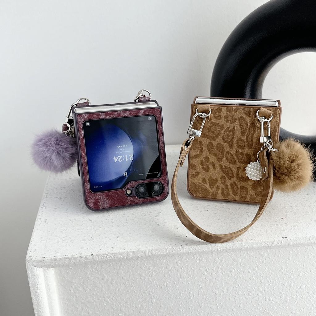 Leopard Print Silver Border Phone Case for Samsung Galaxy Z Flip 7 6 5 4 3 PU Leather Wrist Strap Protective Cover