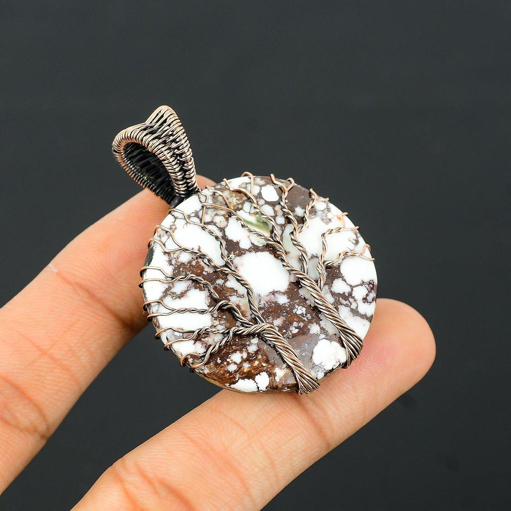 Double Tree Of Life Wild Horse Gemstone Copper Wire Wrap Handmade Pendant Jewelry For Gift