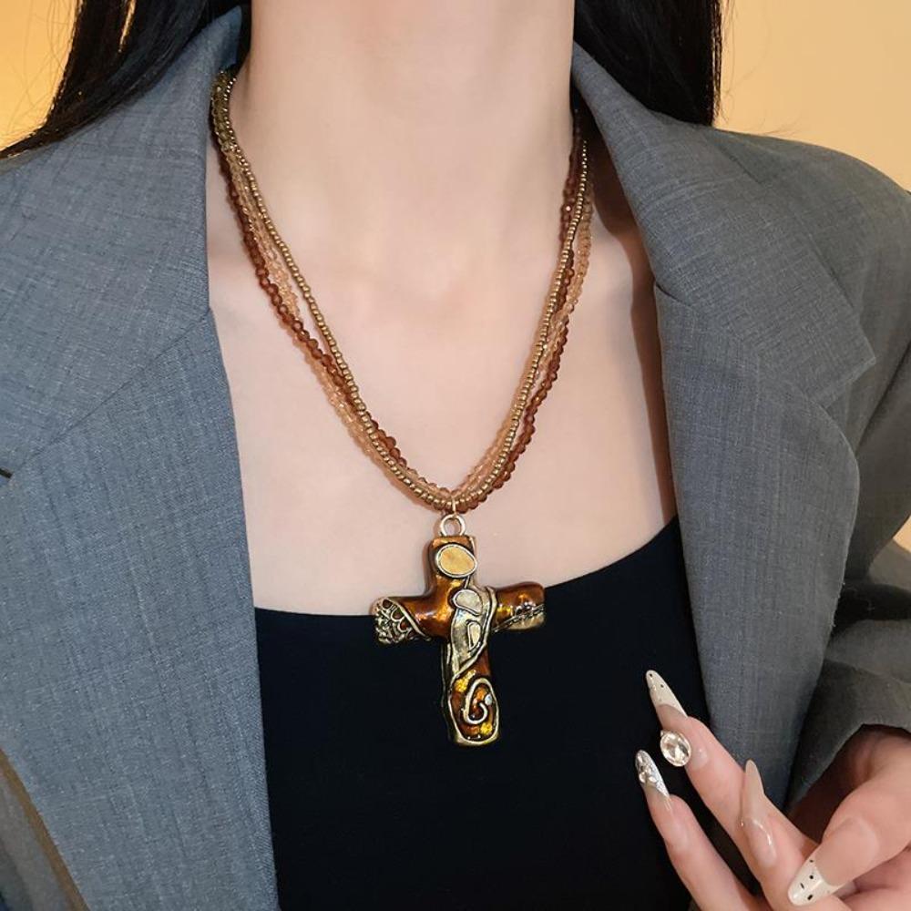 Multicolor Beaded Chain Necklace Metal Pendant Sweater Necklace Trendy Gothic Cross Necklace Women