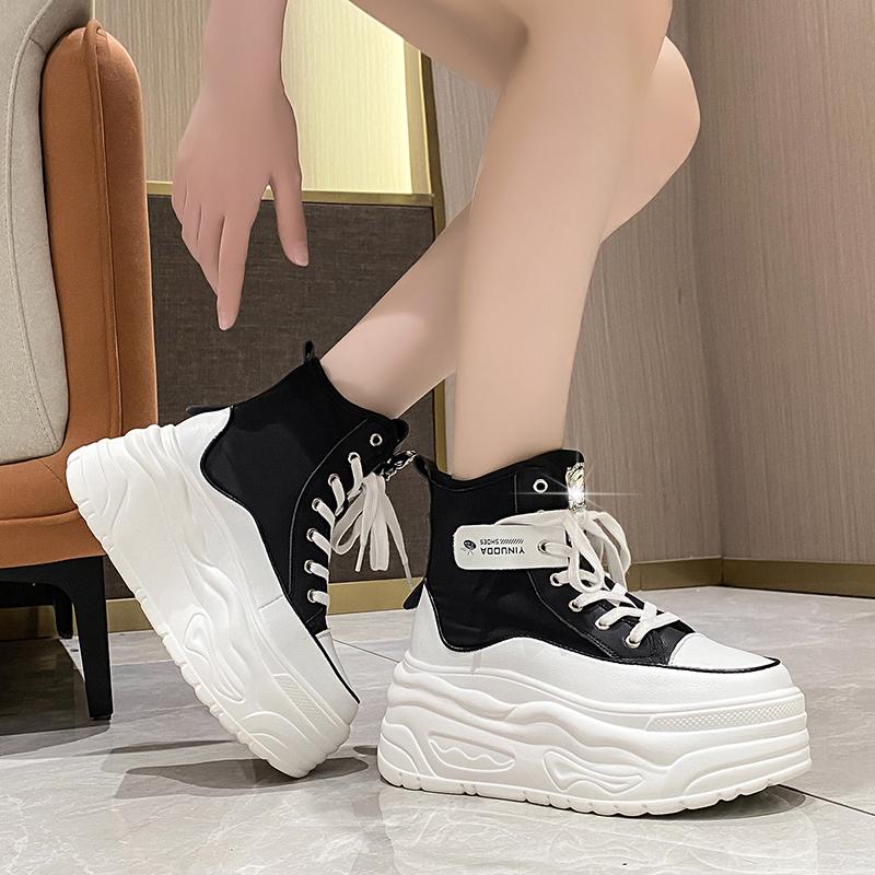 Fashion Women's High-top Sneakers Platform Wedges Autumn Fashion Shoes Woman Lace Up White Footwear Platform Thick Bottom Canvas2024
