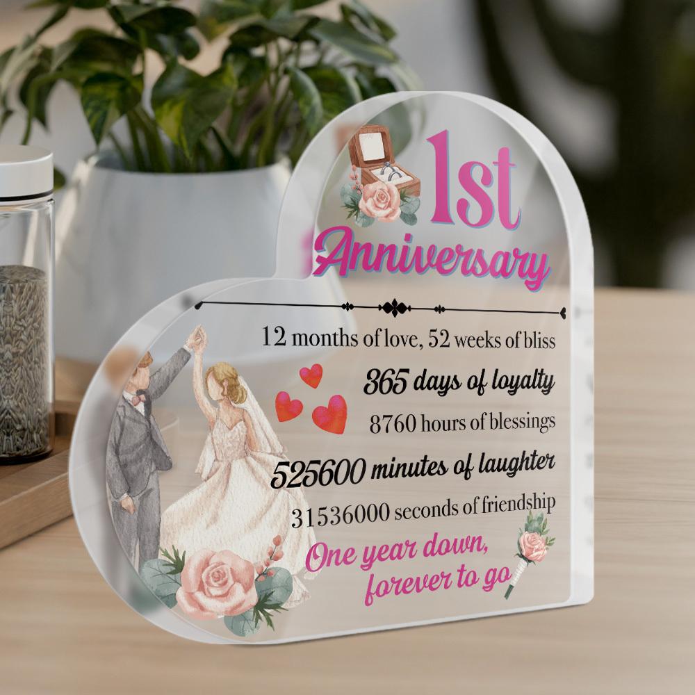 1pc Heart Shaped Acrylic Sign - 1st Anniversary Decor with '12 Months of Love, 52 Weeks of Bliss' Engraved Message, Romantic Couple & Floral Design