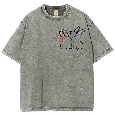 T-shirt Homme et Femme à imprimé lapin de dessin animé stick T-shirt mode à manches courtes délavé et vieilli style rétro