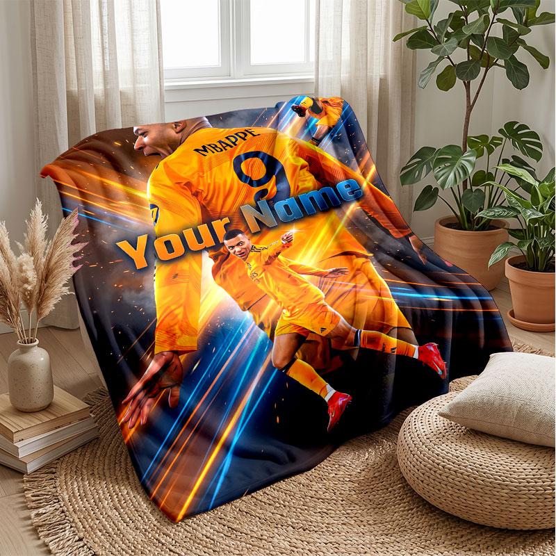 Kylian Mbappe Custom Name Text Flannel Blanket Soccer Logo Personalized Fleece Throw Blanket Special Gift For Sofa Bedroom Home