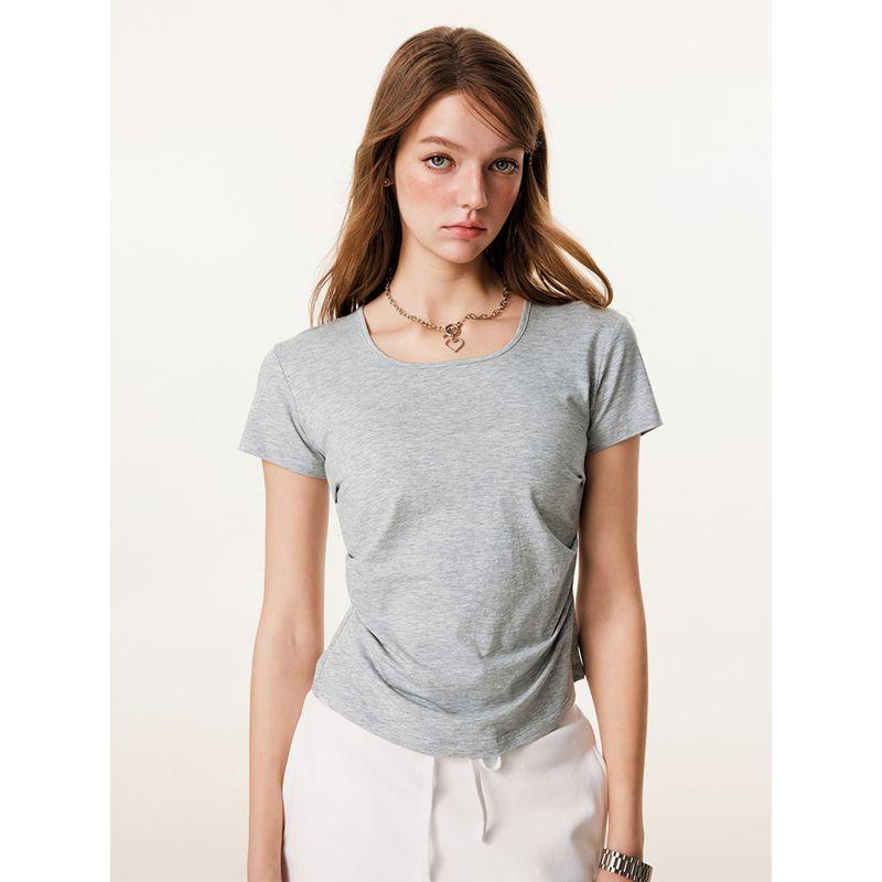Western Style 150G Solid Square Collar Shoulder Short Sleeve T-shirt Fashion Brand Gyaru Waist Hugging Slimming Casual U Collar Top Women Fashion