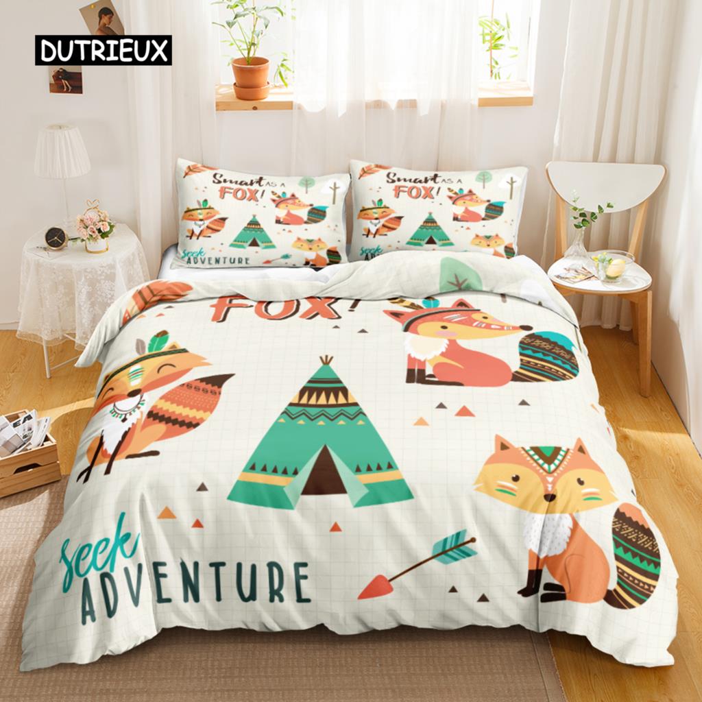 Fox Duvet Cover Set Kids Cartoon Fox Comforter Cover Cute Orange Wildlife Duvet Cover for Boys Animal Twin Polyester Bedding Set