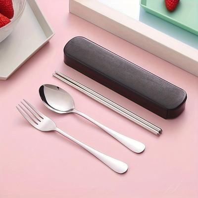 סט אחד/2 סטים/3 סטים - סט מקלות אכילה וכפות, קופסת אחסון כלי אוכל ניידת לילדי בית ספר יסודי, נירוסטה