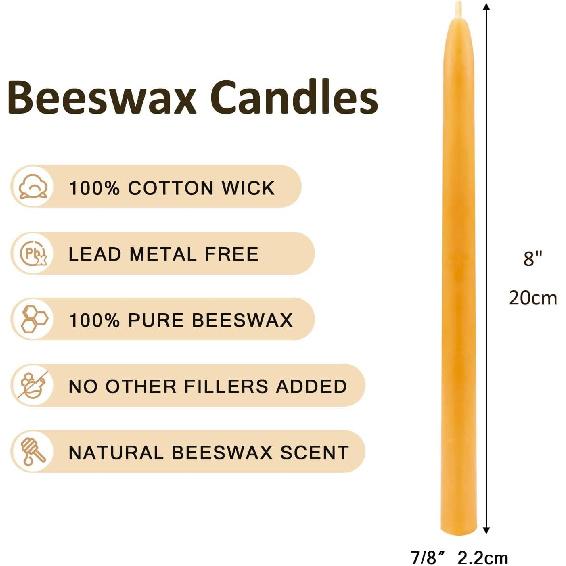 Beeswax Taper Candles, 8" 12Pack Natural Bees Wax Candle - Smokeless, Dripless & Unscented Tapered Candles - 8 Hours Long Burning Time for Home Decor