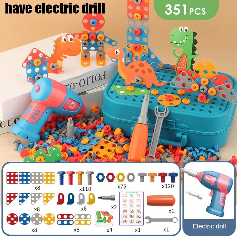 Ungiftige 3D-Puzzle-Spielzeuge Rollenspiel Werkzeugkasten Bohren Montage Lernspielzeug Kinderspielzeug Werkzeugkasten Elektrischer Bohrer Schraube Mutter