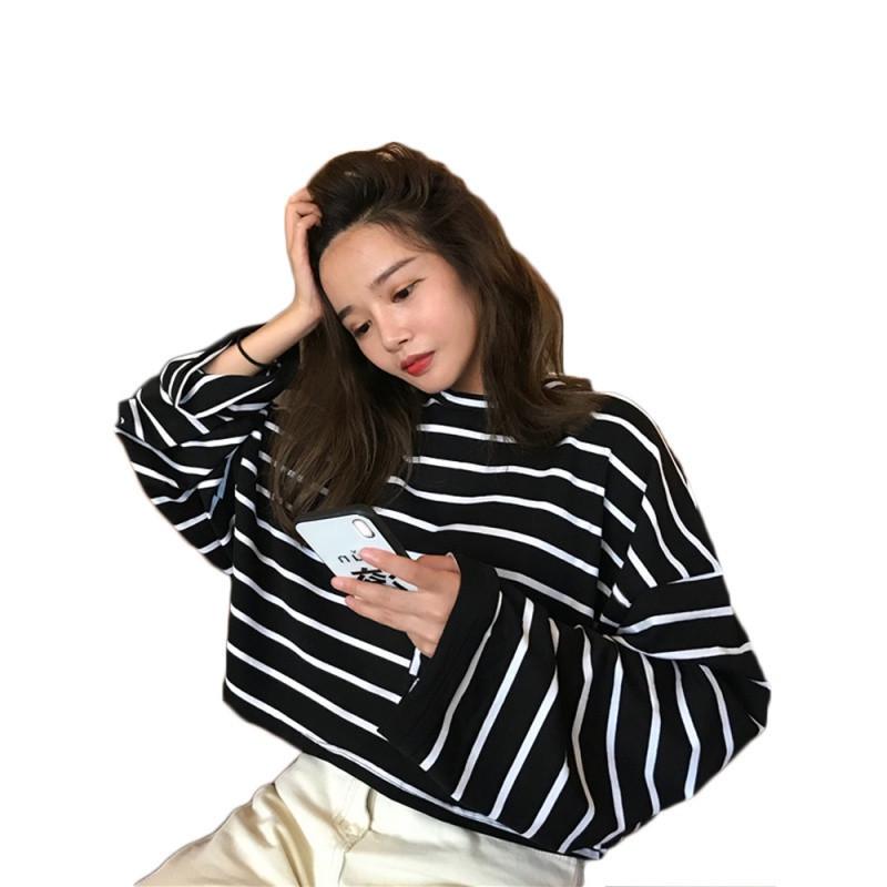 Black and White Color Block Striped Women's Casual Loose Long Sleeve T-shirt (2025 Korean Style)