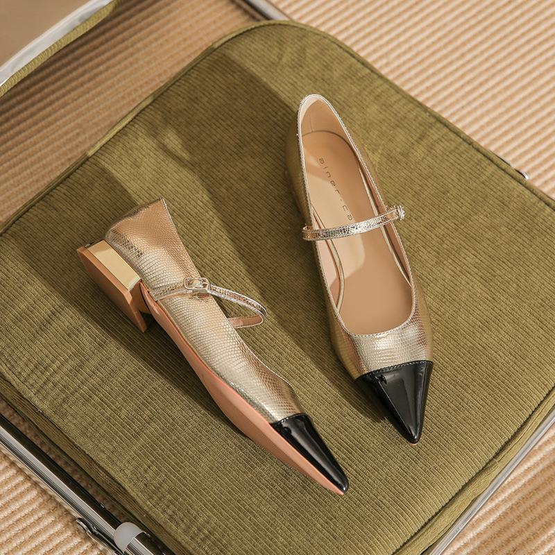 

29805 [sheepskin] thick heel flat shoes women s 2025 new pointed color matching word with Mary Jane single shoes 35