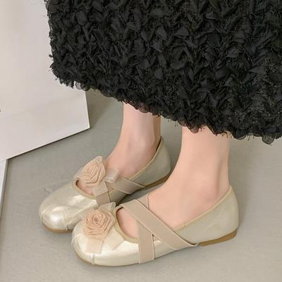 Vintage Blumen Kreuz Schnürung Einzelne Schuhe Sommer Runde Spitze Flacher Mund Rutschfest Verschleißfest Flache Ballerinas für Damen