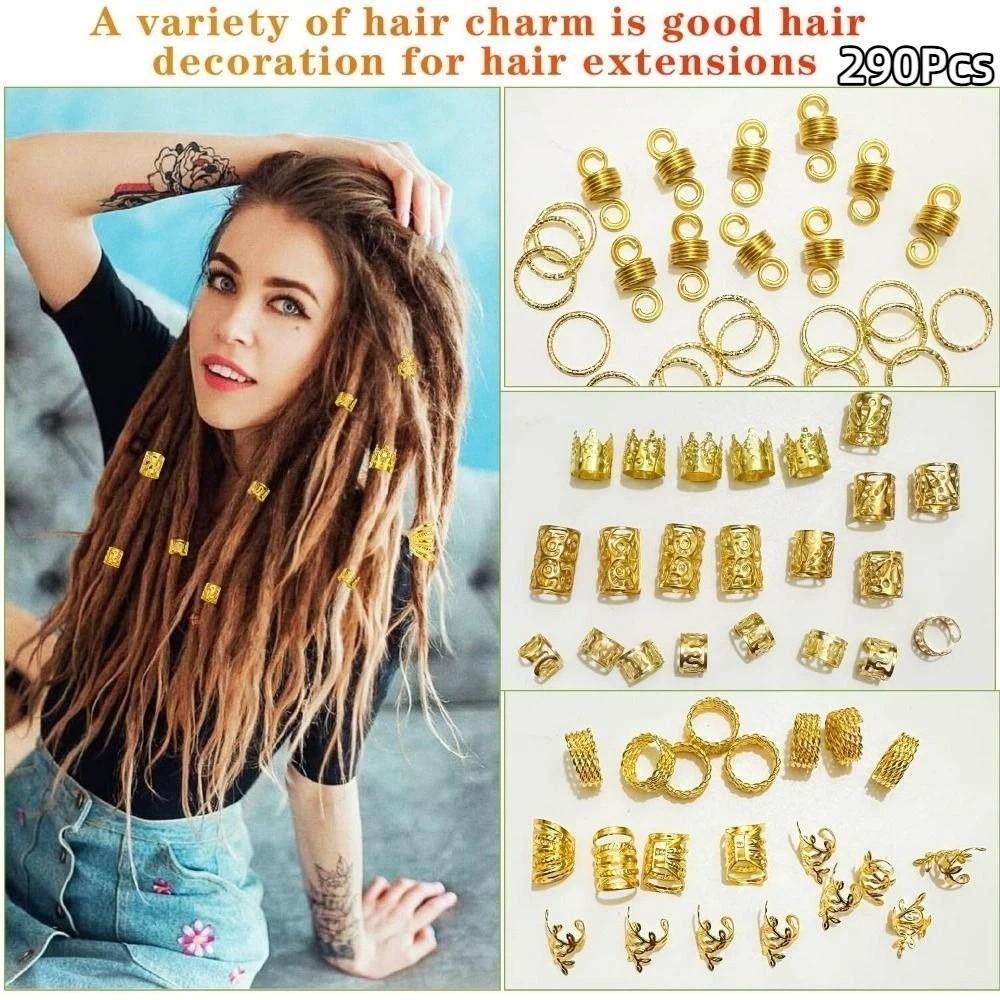 290Pcs Gold Silver Dreadlock Jewelry Hollow Out Metal Hair Rings Charms Hair Braiding Rings Unisex