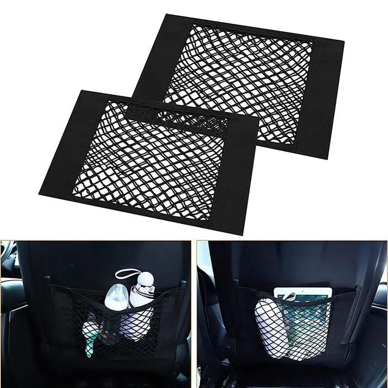 2pcs Car Trunk Net Car Double Storage Network Bag Auto Seat Back Fixed Mesh Pocket Universal Car Elastic Velcro Straps Net Organ