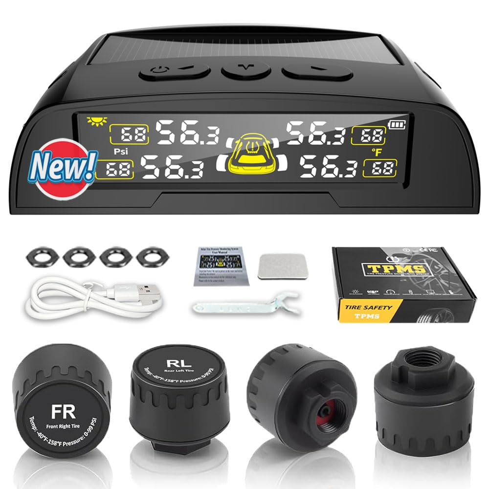 

[2026 New Release] Wireless TPMS Tire Pressure Monitoring System with 4 External Sensors & 5 Alarm Modes, LCD Real-Time Display, Auto Sleep Mode, Easy