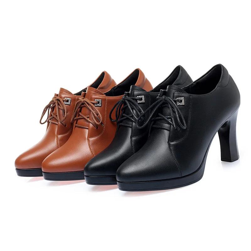 Fashion Women Thick Heel Fashion High Quality Short Ankle Soft Leather Boots Classic Brown Lace-up Spring Autumn High Heel Boots