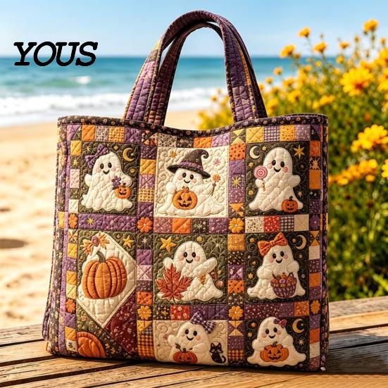 Katzenmotiv Wiederverwendbare Einkaufstasche Halloween Gesteppte Tragetasche, Kürbis Geist Aufdruck Schulter Leichte Pendler Tasche Polyester Handtasche für Freizeit