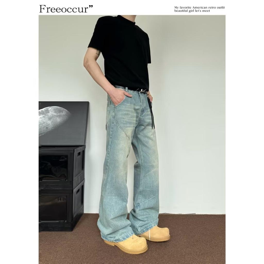 Autumn And Winter New American High Street Washed Light Colored Jeans For Men And Women Straight Leg Slightly Flared Loose Wide Leg Pants