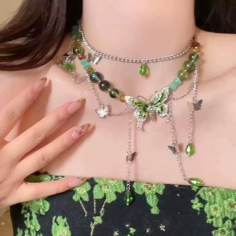 Gothic Green Butterfly Crystal Pendant Beads Choker Chain Necklace For Women Halloween Y2K Charms Exquisite Jewelry Accessories