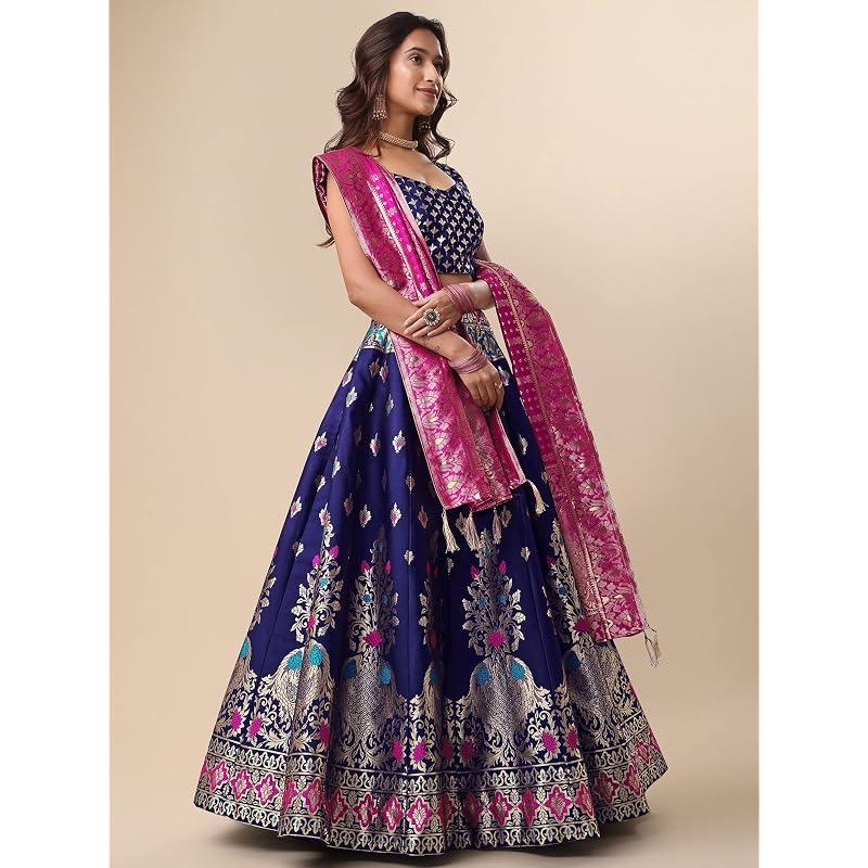 PURVAJA Women' Jacquard SemiStitched Lehenga Choli (IndraNavyBlue NavyBlue Free )
