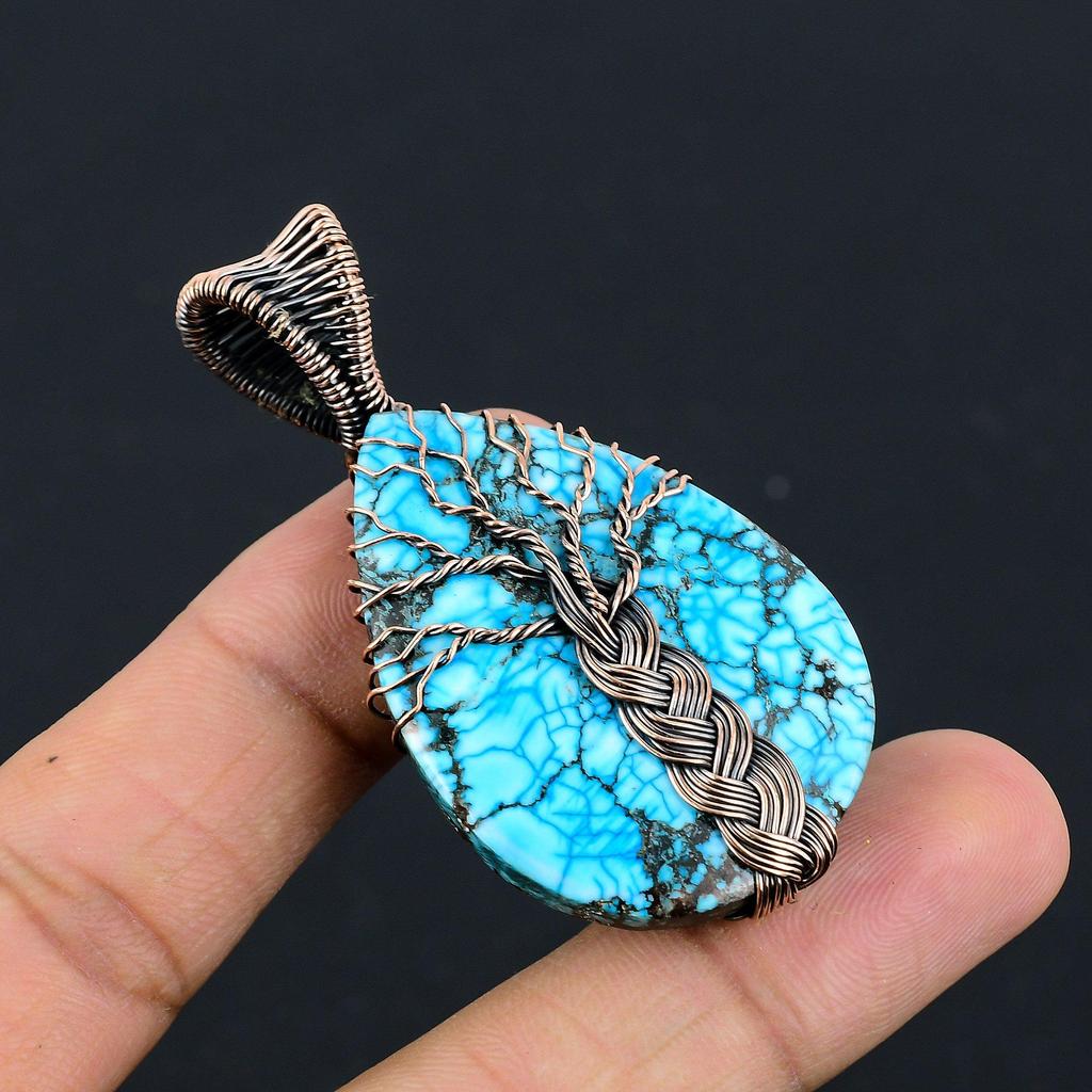 Tibetan Turquoise Pendant, 999 Copper Wire Wrapped Gemstone Jewelry, Handmade Pendant, For Thanksgiving