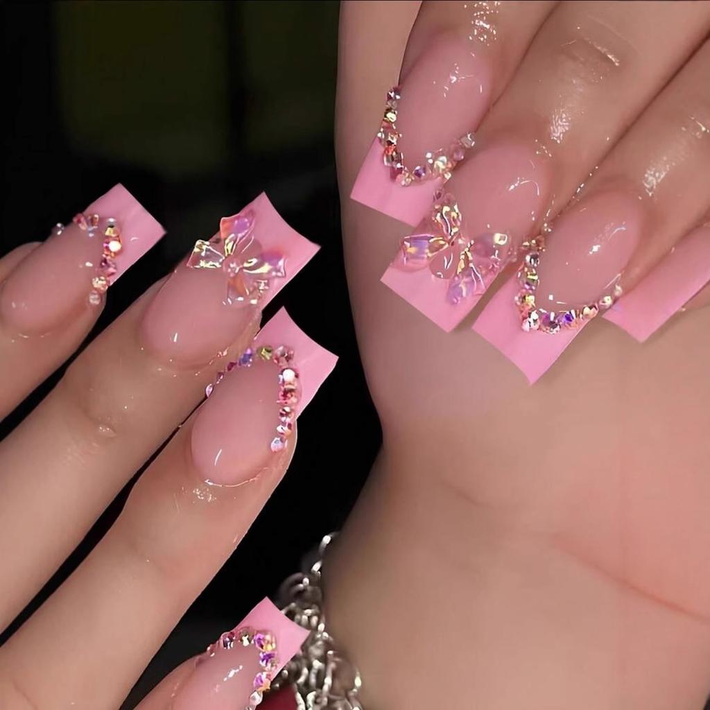 24pcs Square Pink French Manicure Fake Nails, Press On Nails,Nail Stickers, 3D Bow And Design, Acrylic Material, Women And Girls Nail Art Supplies