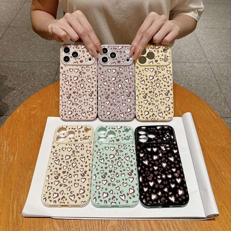 Leopard Print With Hearts Soft Heart Relief Side Phone Case For iPhone 17 16 15 14 13 12 11 Pro Max 14 Plus Shockproof Cover