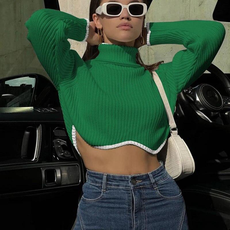 Fashion Turtleneck Irregular Hem Women Short Sweater Autumn Winter Long Sleeve Knitted Pullover Tops Elegant Sueter Mujer 30568