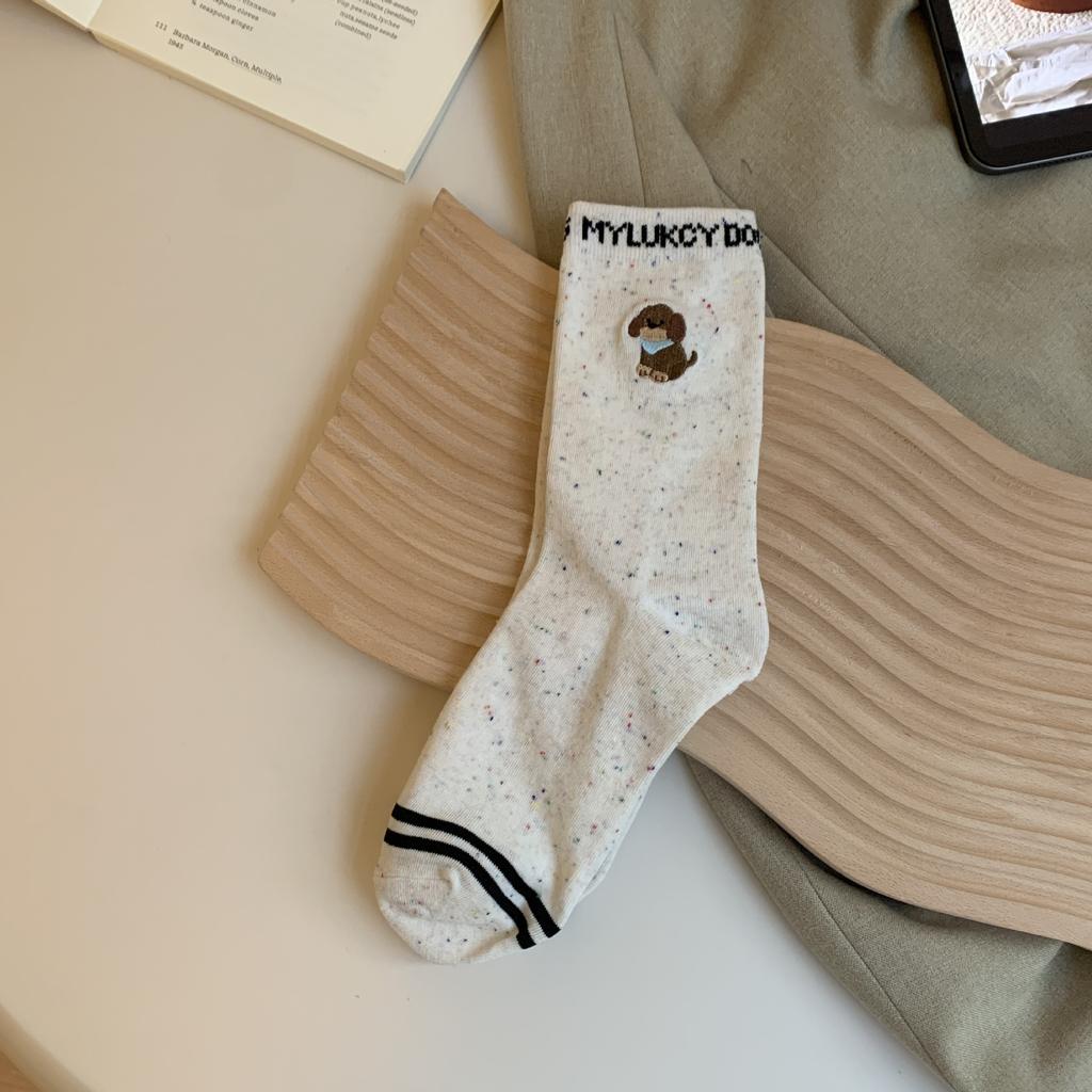 Socks, Medium-Legged Cotton Socks, Embroidered Dachshund Cartoon Color-Blocking Pattern, Versatile, Breathable, Casual Sports