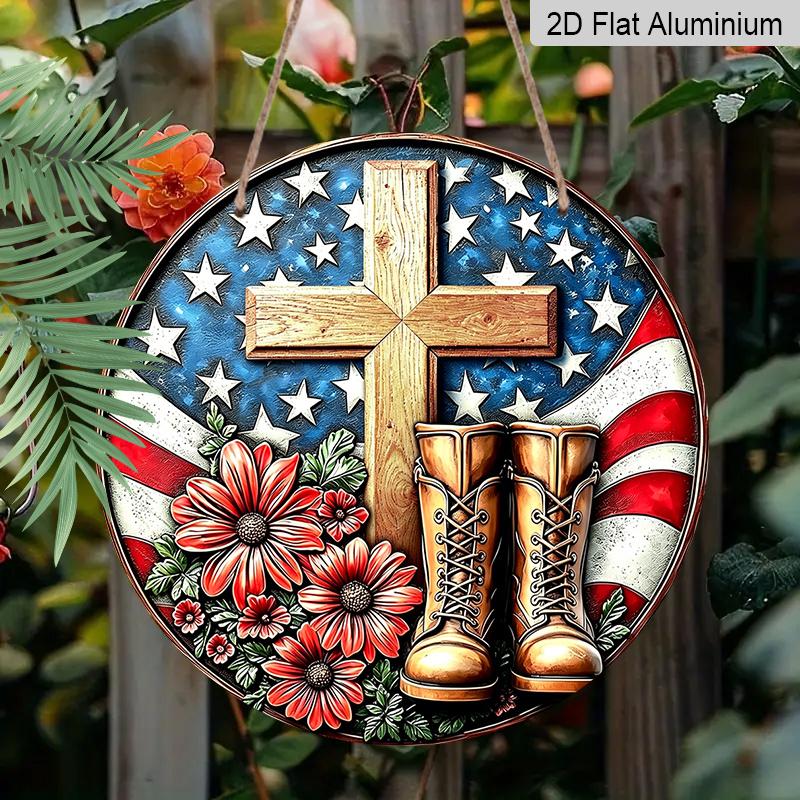 2D Flat Retro Round Aluminum Wall Decor, Memorial Day Cross & Boots Design, Indoor Outdoor Hanging Plaque, Memorial Home Gift