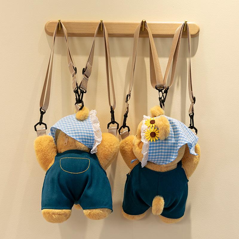 Super cute denim bear plush backpack for girlfriends birthday gift flower hat bear home pendant
