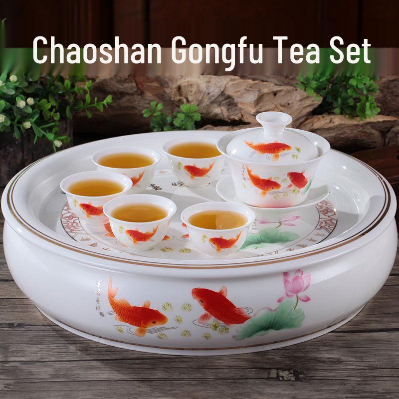 

Ceramic Tea Wash Set with Storage Tray - 10 & 12 Tea Trays for Chaoshan Kung Fu Tea Ceremony 10-inch 10-piece Gaiwan Set