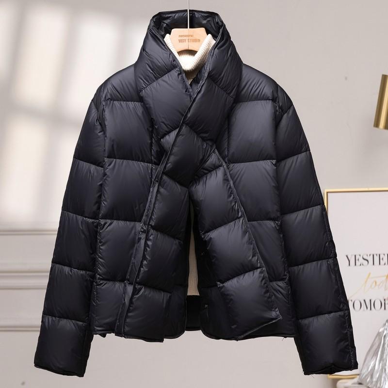 Womens Short Down Jacket With Detachable Scarf 90% White Duck Slim Fit Elegant Office Style Medium Warmth