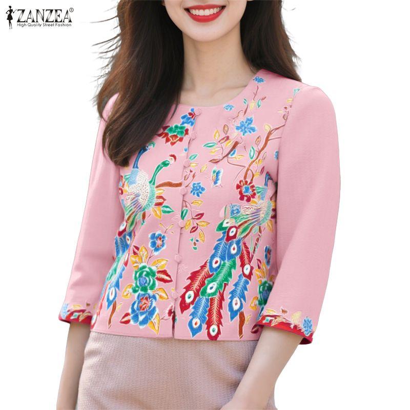 ZANZEA Women Casual Round Neck Summer 3/4 Sleeve Print Blouse