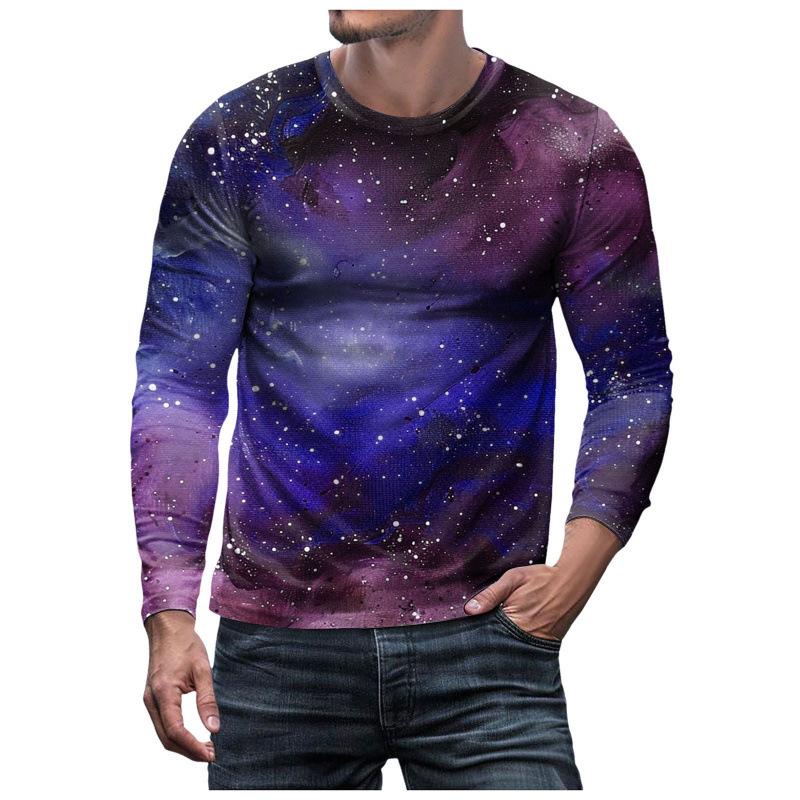 3D Brilliant Starry Sky Printed Top Casual Long Sleeved Men's T-shirts - Soft Medium Stretch Polyester Fabric Spring and Autumn Relaxed Fit Clothing