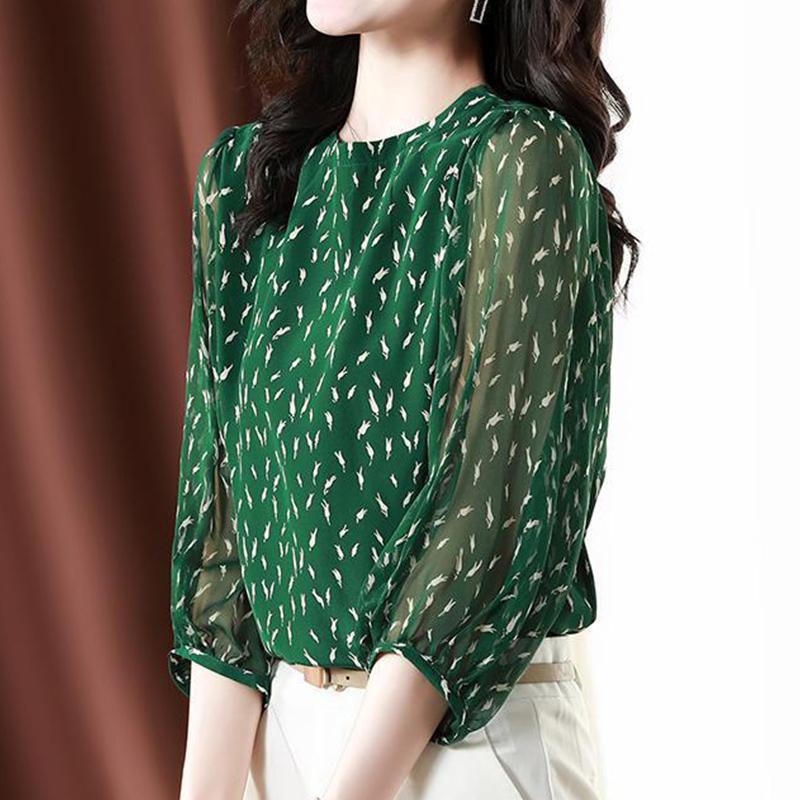 

Элегантная модная шифоновая рубашка с принтом, летняя новинка, с круглым вырезом, рукавами три четверти-фонариками, свободная блузка-пуловер, женская одежда XXXL зелёный