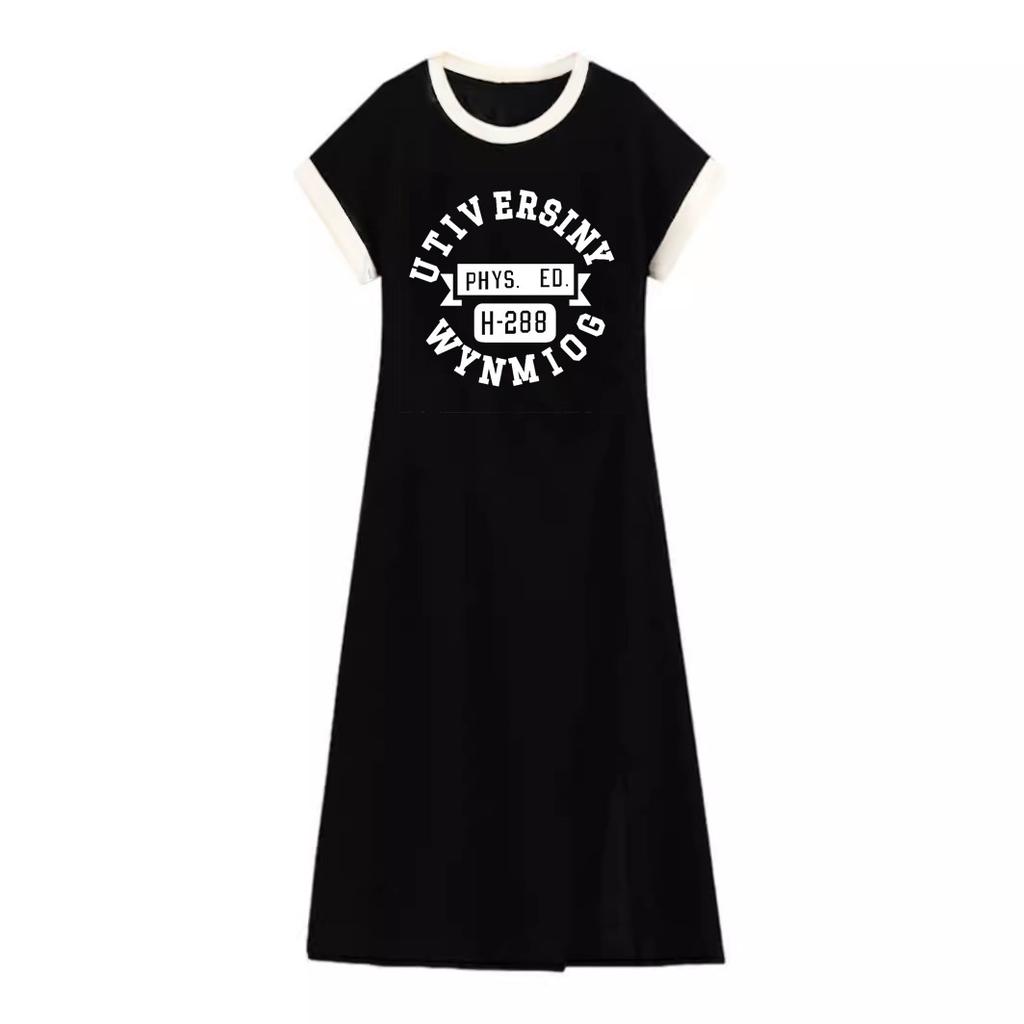 European summer dress women's ice silk thin letter printing split-ended long dress design sense short sleeves slim and thin home skirt