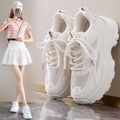 2024 neue Sportschuhe Damen Frühling und Herbst vielseitige atmungsaktive Mesh-Laufschuhe dicke Sohle höhenverstellend Freizeitschuhe runde Spitze Mesh-Schuhe