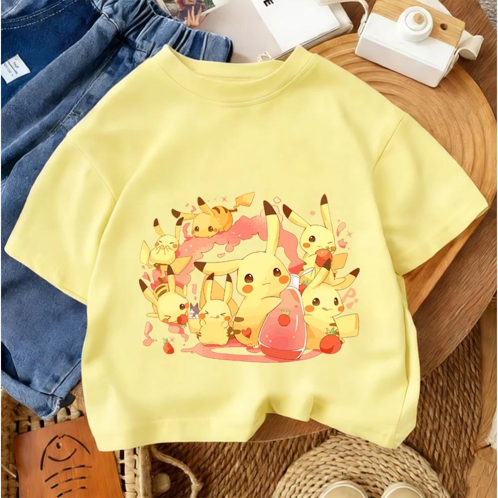 Children Fashion Street Tee Pikachu Cute Cartoon Print For Boys Girls Summer Casual Comfort Wear 3-14 Years