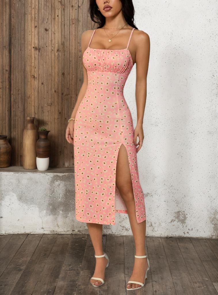 Summer New Dress, Fashion Printed Suspender Pleated Split Suspender Dress