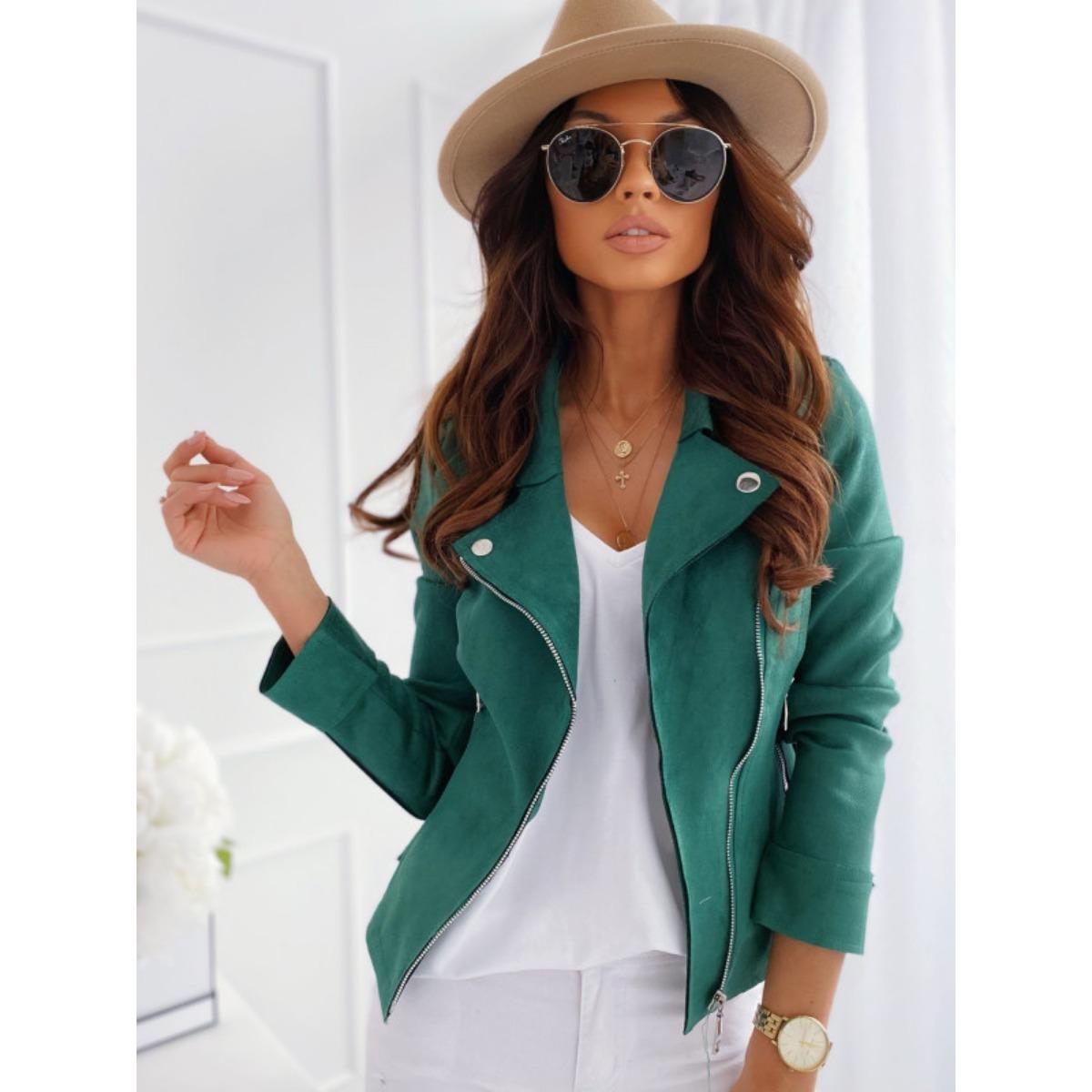 

Жіноча приталена повсякденна куртка - комір на блискавці та декоративні ґудзики, легка весняно-осіння куртка, еластична талія, дизайн з бічними кишенями L зелений