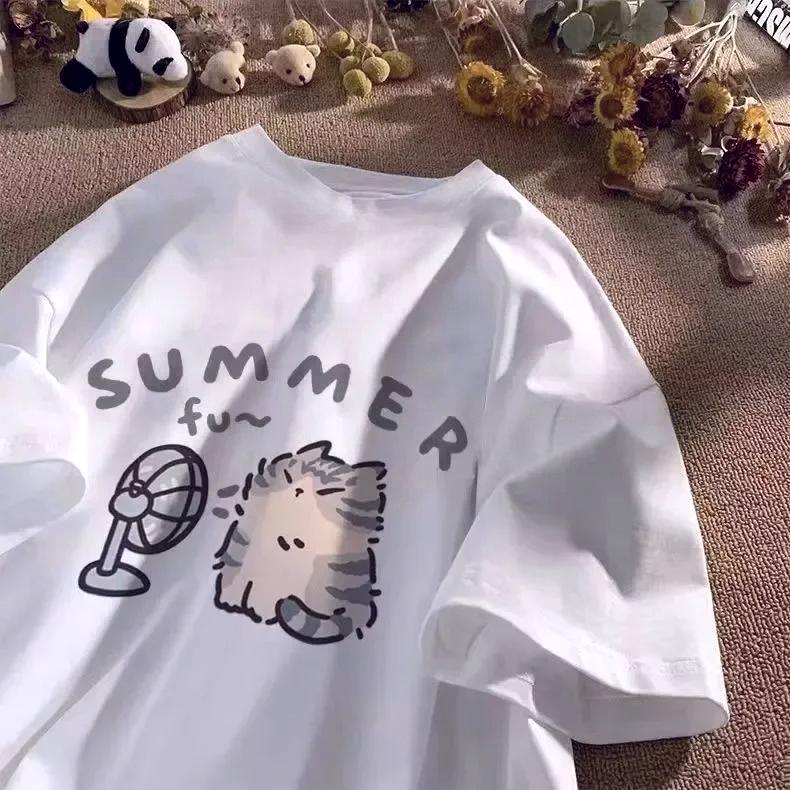 

Fan Cat and Women Tshirt American Street Creative Blow Summer Relaxed Short Sleeve Couple Wear INS Top Kawaii Tee Shirt S