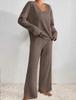 2025 Autumn/Winter Hot Selling Ribbed V-Neck Long Sleeve Brushed Casual Set for Women