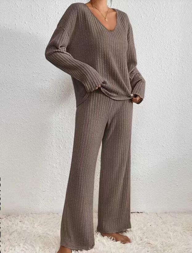 2025 Autumn/Winter Hot Selling Ribbed V-Neck Long Sleeve Brushed Casual Set for Women
