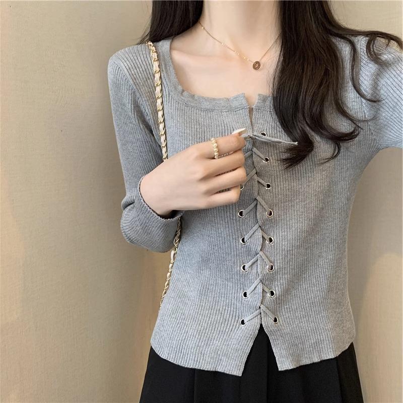 Podzimní a zimní nový čtvercový límec se zavazováním, smysl pro design, výklenek, mašle, tenký top svetru s dlouhým rukávem, dámské oblečení