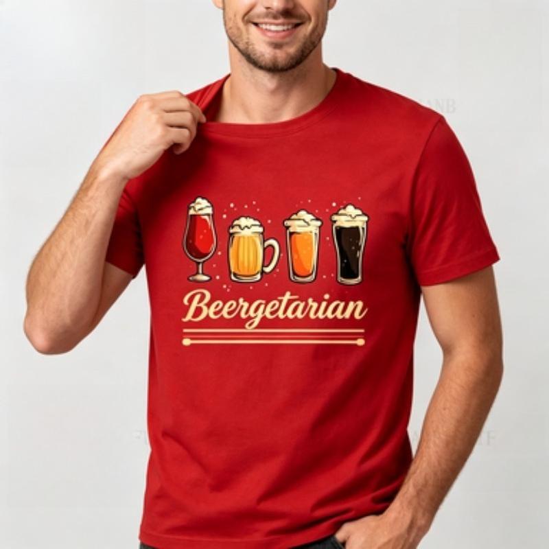 T-shirt Unisex in Puro Cotone Disegnata a Mano Tazza di Birra di Vari Tipi Slogan Birragetariano Decorazione a Linee Semplici T-shirt Girocollo