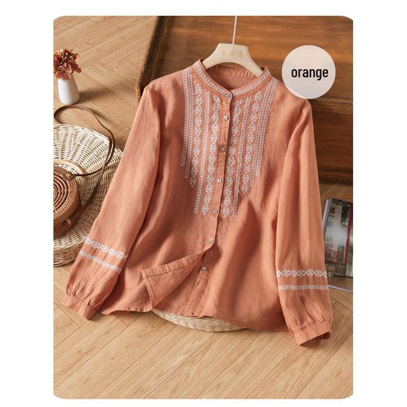 2026 Spring/Autumn Women's Retro Embroidered Cotton Linen Long-Sleeve Shirt