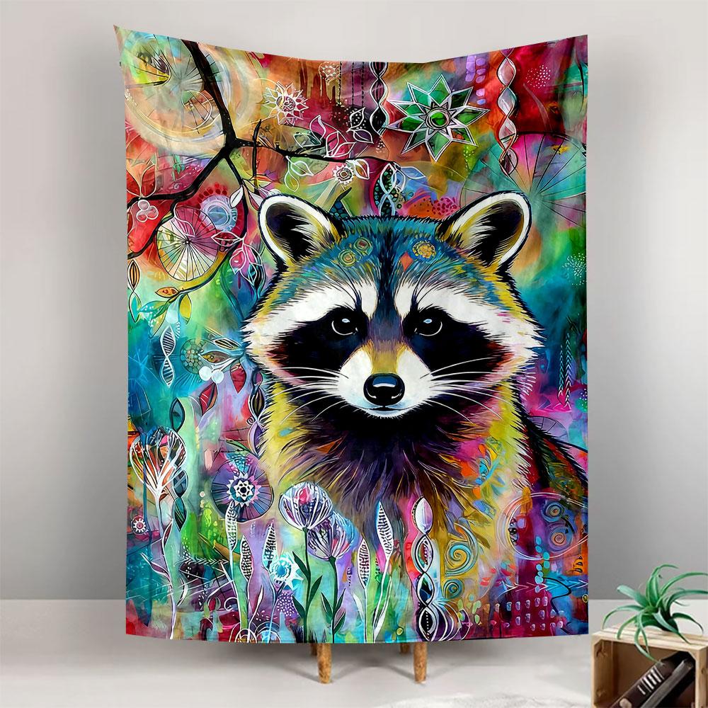 Tapestry Wall Hanging Vibrant Pop Art Raccoon Psychedelic Colorful Doodle Floral Whimsical Animal Painting Decor for Kids Room Nursery