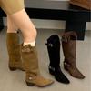 2025 New Belt Buckle High Knight Boots Thick Heel Boots Women's Knee Boots Slim Wide Boots