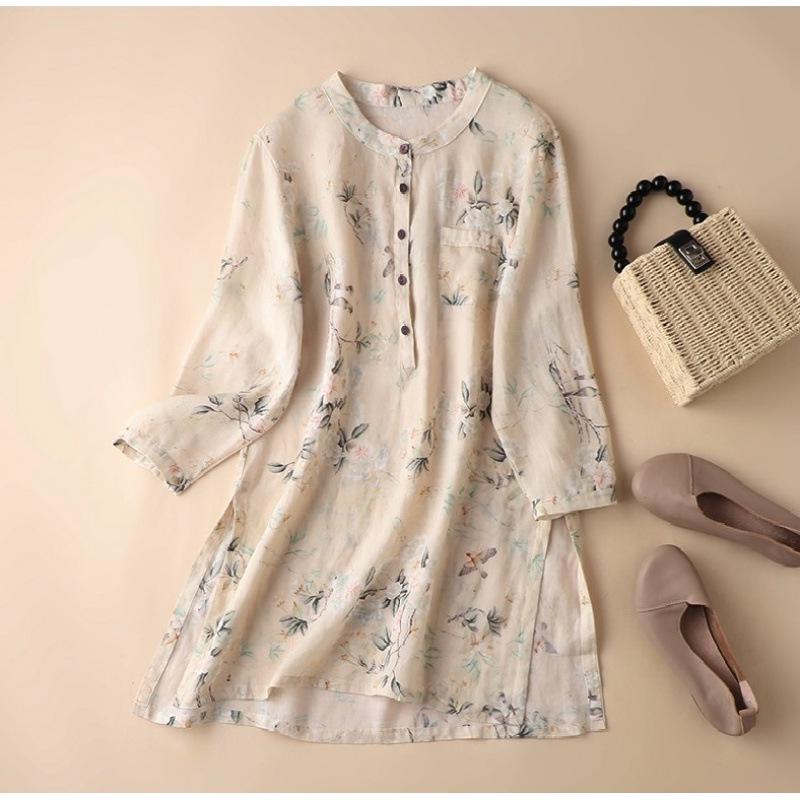 2025 Women's Trendy Loose Nine-Sleeve Printed Ramie Stand Collar Pullover Shirt