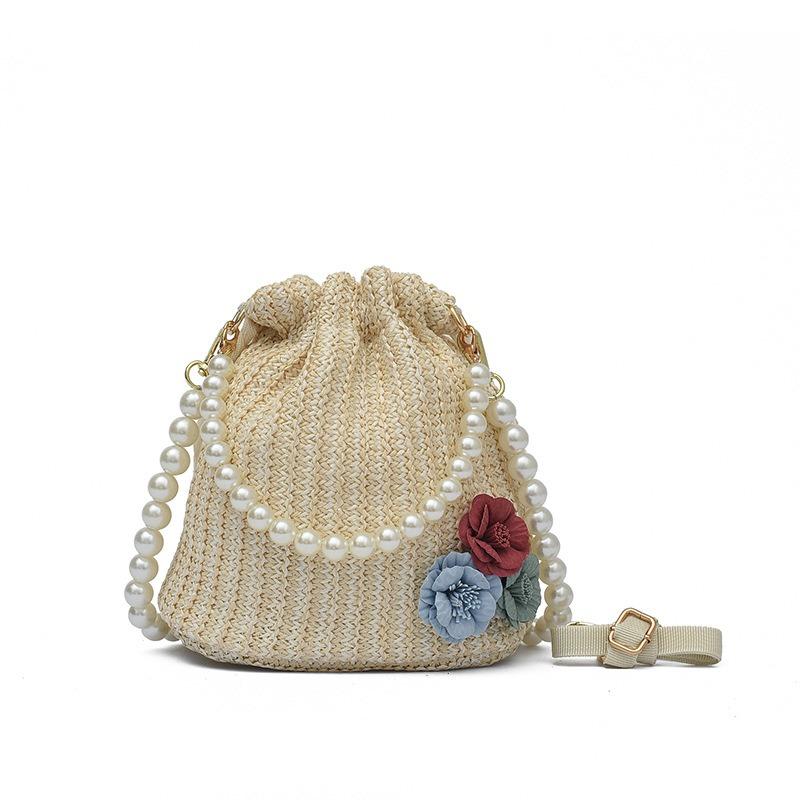 Little Fresh Flower Woven Bag Pearl Chain Tote Holiday Wind Beach Crossbody Bucket Bag
